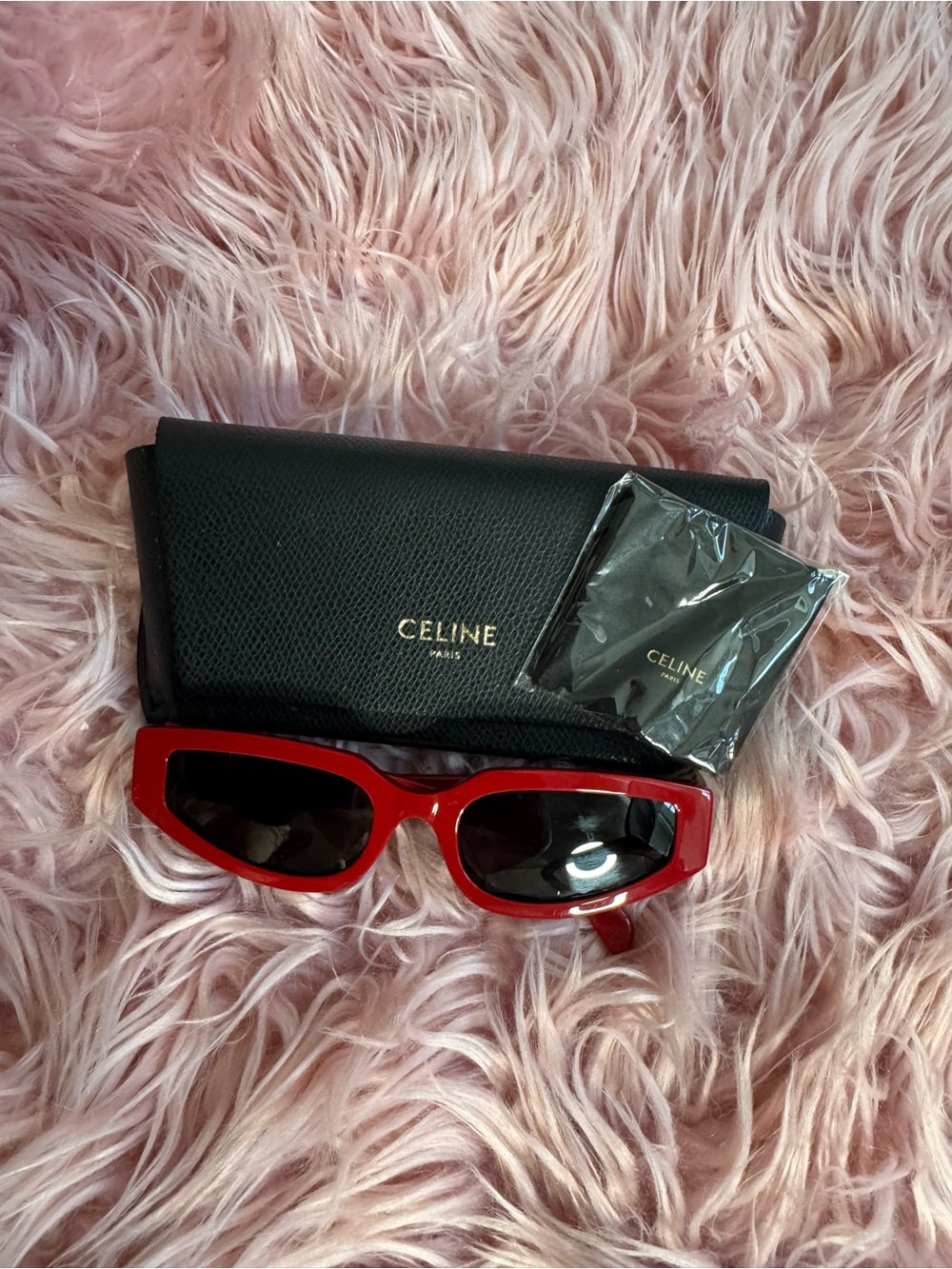 CELINE Red Rectangular Sunglasses with Black Lenses and Case